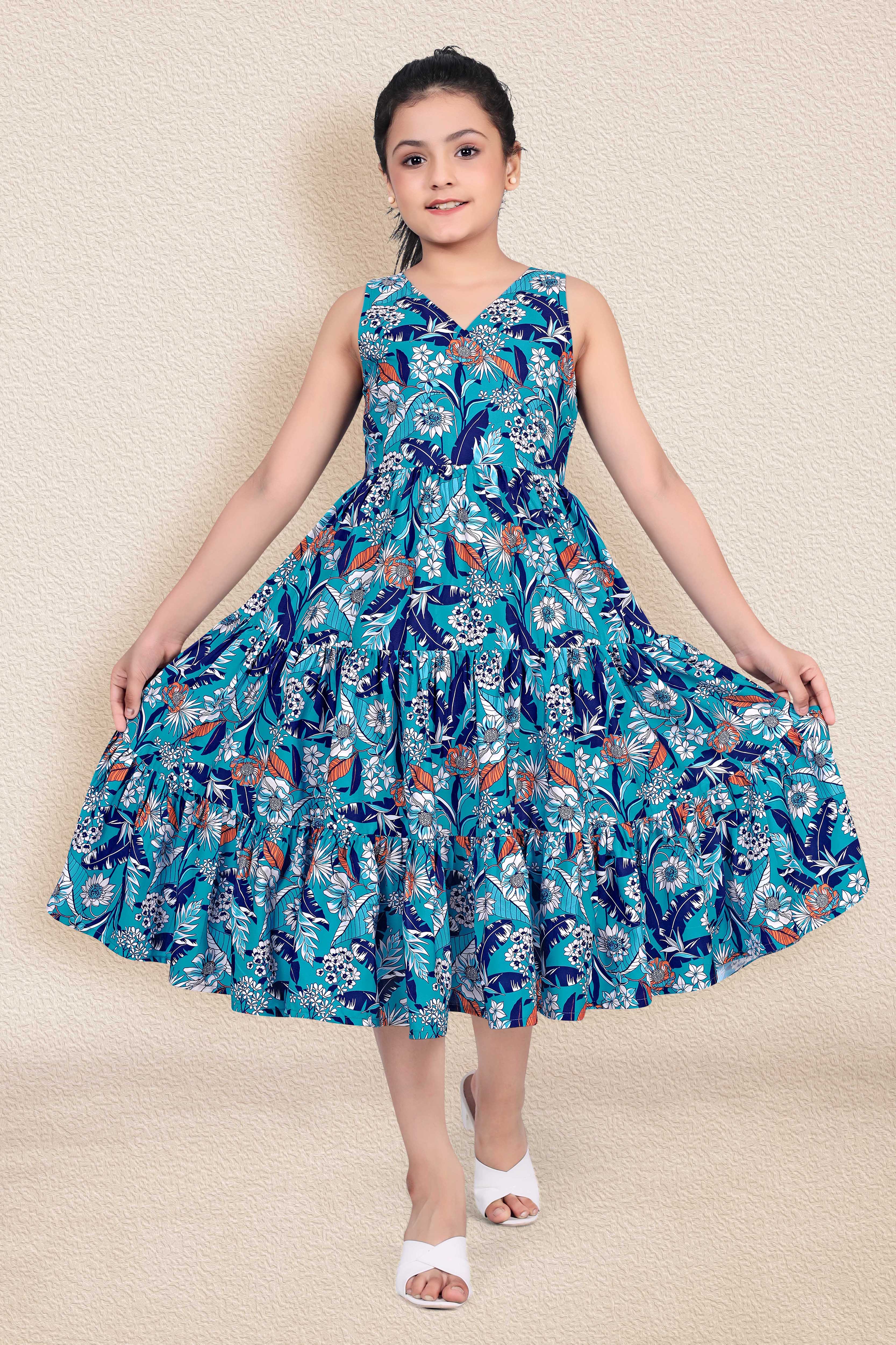 Shop Teen Girls Multicolor Printed Gathered Style Midi Dress Festive Wear  Online at Best Price | Cbazaar